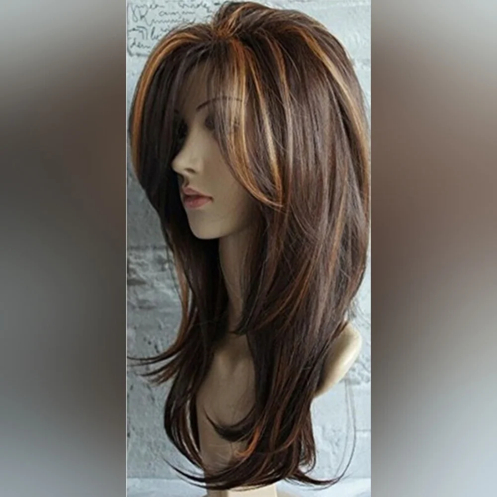24 Inch Brown Highlight Layered Human Hair Blend Hair Wig
